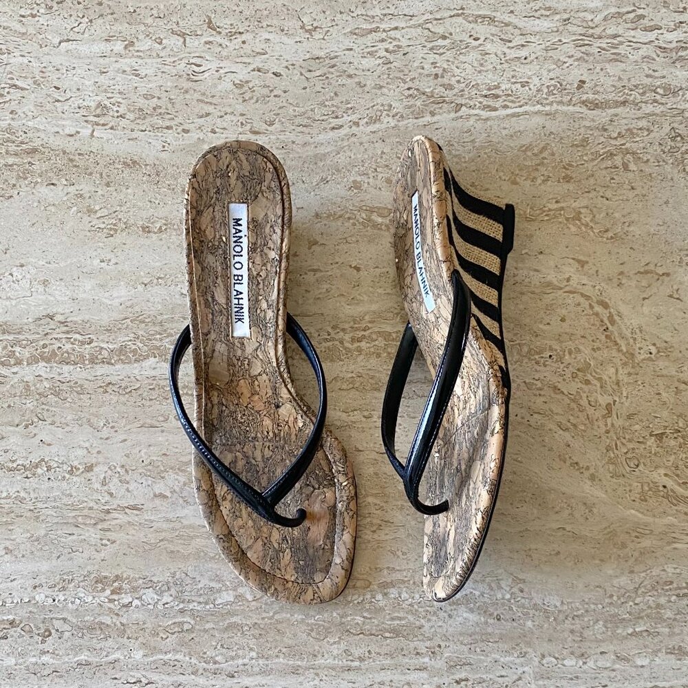 Vintage Manolo Blahnik Thong Striped Wedge Sandals